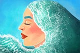 An illustration of a woman underwater. A wave as head cover. Closed eyes. A gentle smile on her lips.