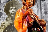 Color photo of Jimi Hendrix over B&W photo of Hendrix at Woodstock 1969