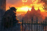 horned fantasy beast sitting on gate looking at castle at sunset