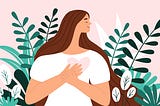 Illustration of a young woman with hands placed on her heart and surrounded by foliage