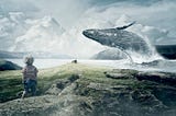 small child on a rocky scotland like beach with a whale breeching