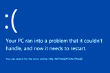 The infamous Microsoft blue screen of death. It has a huge unhappy face icon :( and says that the PC has run into a “problem it couldn’t handle” and needs to start.