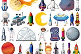 various spaceships, rockets, moon, little creatures