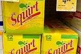 Boxes of the canned soft drink Squirt