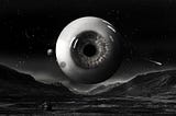 An eerie, huge eye hovering in a surreal landscape.