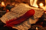 A red feather lies on a burnt manuscript surrounded by flames, evoking a dramatic scene of destroyed writings.