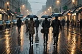 People with umbrellas walking on rainy street at night