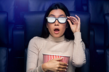 Woman wearing 3D glasses while watching a film in a movie theather.