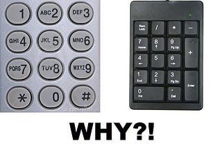 A comparison of a traditional phone keypad with multiple letters per button and a modern numeric keypad.