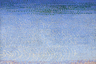 A pointillist painting of the sea and seashore, with mountains far away in the distance.