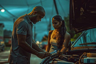 A bald man and a young woman stand next to a car with the hood open on a dimly lit street at dusk. The man, wearing a grey polo shirt, holds a wrench, while the woman, in a white tank top with her hair pulled back, watches closely. They appear focused on fixing the car together, with streetlights and power lines visible in the background, setting a moody evening scene.