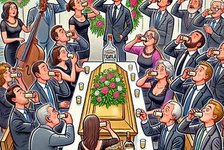 a cartoon of funeral goers drinking shots of tequila around a coffin.