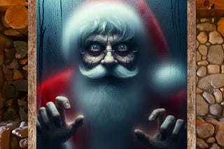 A psychotic Santa glares through a window.