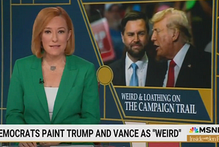 Screenshot from the MSNBC show Inside with Jen Psaki. It features Jen Psaki addressing viewers, with a photo of JD Vance and Donald Trump in the background. The chyron reads: Democrats Paint Trump and Vance as “Weird.”