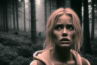 A scared blonde woman alone in the woods.