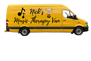 A bright yellow van with the words Nick’s Music Therapy Van on the side.