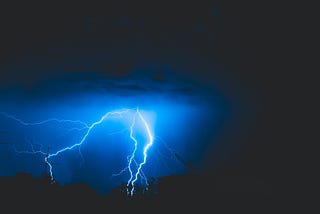 Bright lightening striking the earth from an indigo sky.