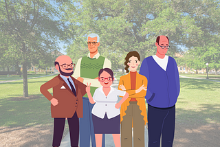 The image shows an animated group of five people standing outdoors in a park-like setting. The background features large trees with green foliage and a grassy area. The group consists of two women and three men, all wearing casual or semi-formal attire, with a mix of hairstyles and glasses.