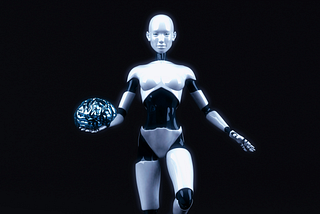 Black background, a female robot holding an artificial brain in her right hand