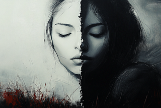 A grayscale painting of a woman’s face split down the middle, with one side in light and the other in shadow. The contrast represents internal conflict, duality, and emotional struggle, reflecting themes of silence, self-discovery, and empowerment.