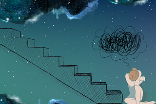 woman figure sitting at the bottom of a staircase; angsty thought bubble above her head