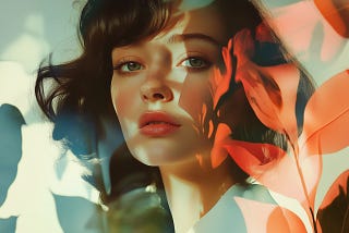 A young woman with soft features is bathed in autumnal light, with shadows of red leaves cast across her face. Her expression is calm and introspective, reflecting the changing seasons and the quiet transformation she seems to undergo.