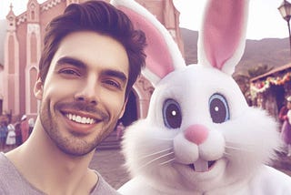 A man and the Easter Bunny in front of a church.