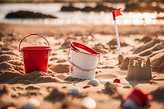 Child’s bucket, spade and sandcastle on seaside beach