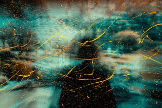 A silhouette of a person stands behind a vibrant mix of teal and blue, with bold yellow and orange paint splashes streaking across, creating a sense of mystery and energy.