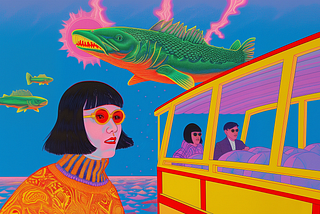 A green pike fish flying in the sky above an Asian woman with black hair, wearing orange glasses next to a yellow bus with two people at the sea. AI image created on MidJourney using the Style Reference (Sref) code “3658383517” by Henrique Centieiro and Bee Lee.