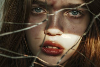 Close-up portrait of a young woman with piercing blue eyes, reflected in a cracked mirror. Her face shows subtle bruising, and her expression is vulnerable and tense.