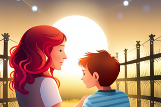 A woman stands with her son with a background of the moon.