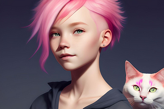 Pink-haired, blue-eyed non-binary child, with pink and white cat. AI image.