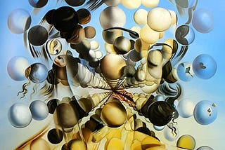 A surrealist painting of a person fragmenting in circles.