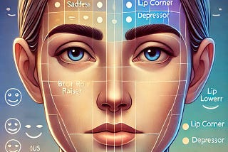 A detailed digital illustration of a human face showing various facial expressions: happiness, sadness, and neutrality. The face is divided into sections, each highlighting different facial action units (AUs) such as the inner brow raiser, brow lowerer, and lip corner depressor. The background features a gradient of calming colors like blue and purple, symbolizing mental health and emotion analysis. The image emphasizes the different muscles involved in facial expressions.