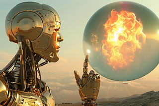 photo of a giant golden robot poking his finger to a bursting bubble next to him, fire inside the bubble. AI image created on midjourney by Henrique Centieiro and Bee Lee