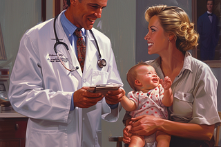 A doctor talking with a smiling mother who is holding a baby that’s looking in the opposite direction.