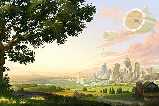 A solarpunk green landscape with a futuristic city on the horizon, from the video “Dear Alice”