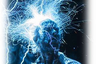 An AI-generated image of a man with electricity shooting out of his head.