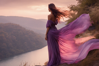 A young woman overlooking a river, her long, flowing, violet dress flowing in the breeze behind her.