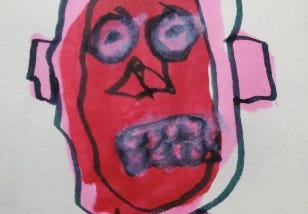 A badly drawn head where the face has been torn off, leaving a red raw hole where a face used to be. It’s more of a bad cartoon than something horrifying.