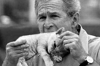 A black and white meme of George W. Bush eating a kitten.