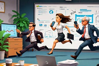 Investors running from the office, away from a whiteboard with metrics on it chasing a deal