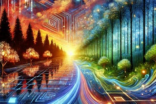 A surreal landscape showing the fusion of traditional art and digital creativity through Smoothed Energy Guidance. The scene features a lush forest transitioning into a digital realm with abstract patterns, vibrant colors, and glowing geometric shapes. This imagery symbolizes the limitless possibilities of AI in enhancing human creativity, illustrating a seamless blend between natural beauty and digital innovation, reflecting the transformative power of AI in artistic expression.