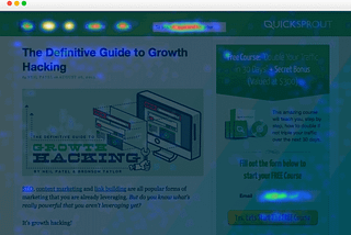 Image displaying a webpage heatmap generated by Crazy Egg. The heatmap shows areas of high user interaction on a webpage titled ‘The Definitive Guide to Growth Hacking’ by Neil Patel. The heatmap highlights hotspots in the navigation menu and key call-to-action areas, illustrating where users are most engaged. This visualization demonstrates how Crazy Egg’s tool helps optimize website design and content placement for better user engagement.