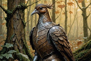 A bird in the woods wearing armour