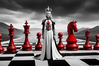 Human queen on a grayscale chessboard with red pieces behind