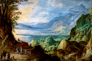 A painting showing people traveling on foot and on horseback in the foreground, with the landscape unfolding into trees, the sea and a harbor, and mountains rising in the far distance.