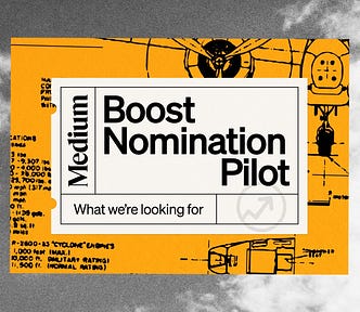 A photo illustration of the sky with vintage aerospace blueprints is behind text that reads “Medium Boost Nomination Pilot” and “What we’re looking for.”