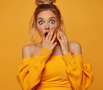 young woman with clothes full body shot, being surprised, open mouth, one hand covering the mouth. Indoor studio shot, contrasting, single vivid color background color codes